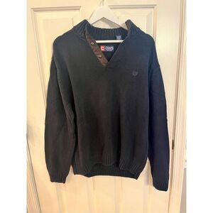Chaps Black Mock Button Neck Elbow Patch Sweater sz L EUC